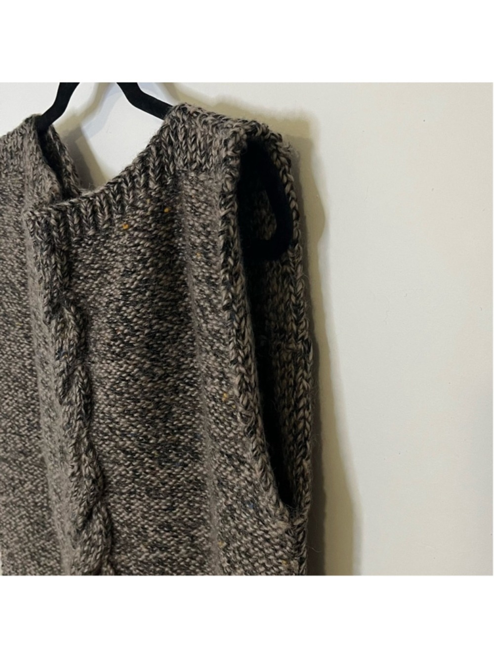 HANDMADE Wool Sweater Vest Cable Knit Stripe Black & Taupe Chunky Knit Pullover - Picture 8 of 10